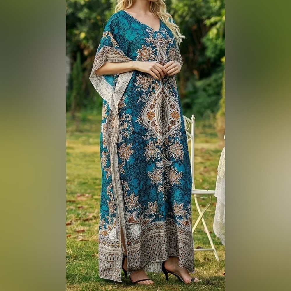 Floral V Neck Batwing Sleeves Kaftan Dress Cover Up